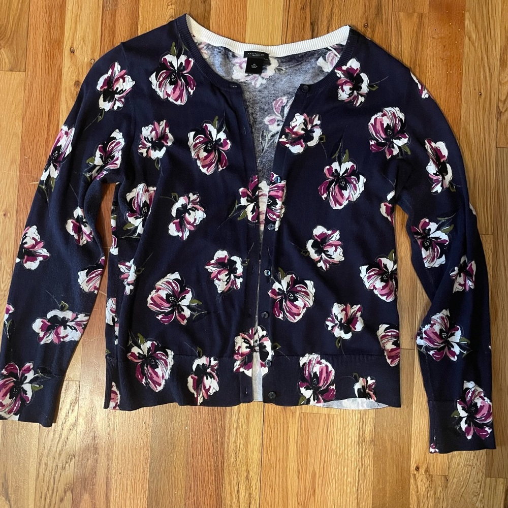 Ann Taylor Factory Blue and Pink Floral Cardigan